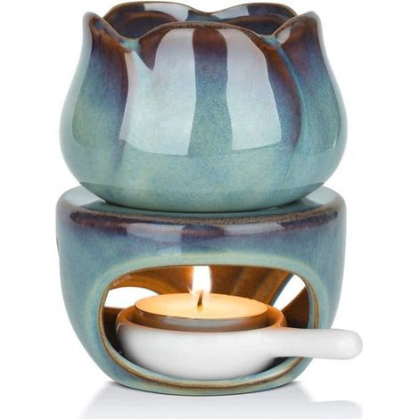 SABIR-Brûleur d'huiles essentielles à cire fondue avec cuillère à café, diffuseur d'huiles essentielles en céramique bleue, chauffe-cire (1/5)