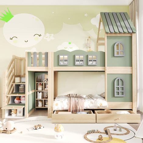Letto a castello per bambini 90x200 cm, design a casetta, sponde a forma di nuvola, scala contenitore, legno, verde grigio naturale (1/5)