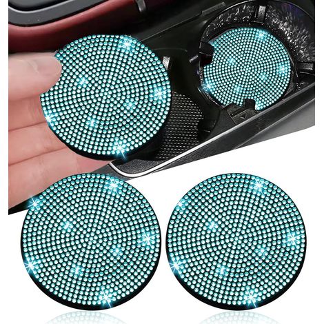 Paquete de 2 portavasos y posavasos brillantes para coche - 7 cm, antideslizantes, con cristales de imitación de diamantes - Aguamarina (1/5)