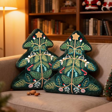 Lot de 2 Coussin Sapin de Noël, Coussins Décoratif de Noël avec Feuilles Brodées Coussin d'hiver pour Canapé Salon Chambre à Coucher (Vert, 41 x 45,5 cm) (1/5)