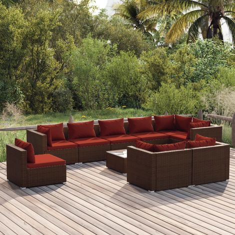 10-tlg. Garten-Lounge-Set mit Kissen Poly Rattan Braun (1/5)