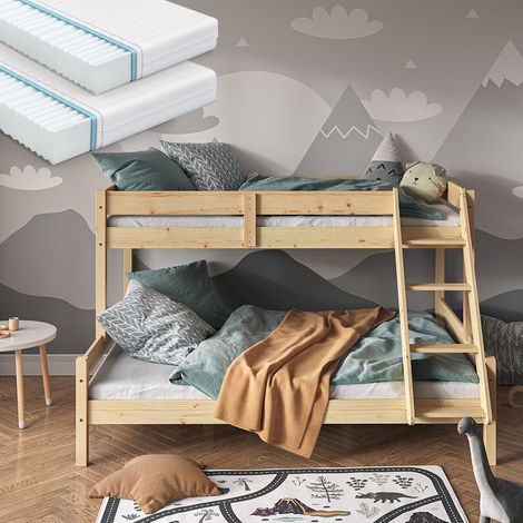Litera Everest, Madera natural, 140x200 / 90x200 cm con 2 colchones, Vitalispa
