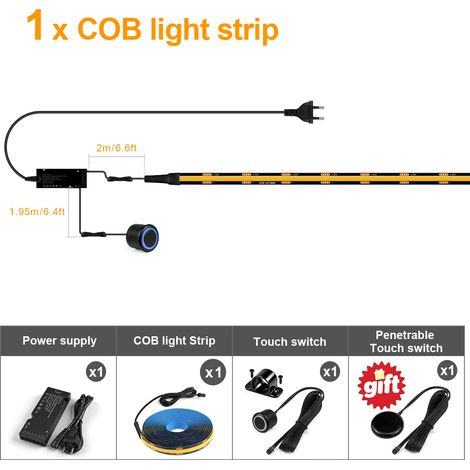 (1 bande, lumière naturelle, 2M) Bande LED noire, COB, interrupteur à gradation par capteur tactile double, aucun perçage requis pour l'installation. (1/5)