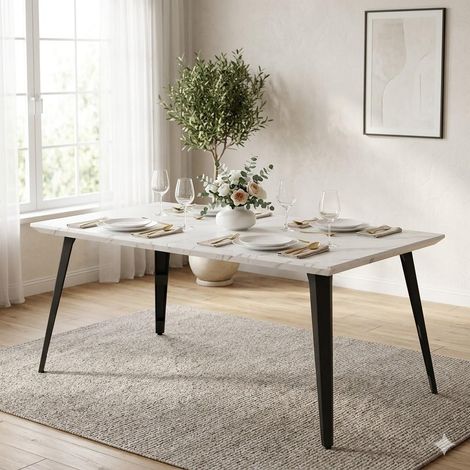 FurnitureR White Marble Effect Dining Table with Black Metal Legs (1/5)