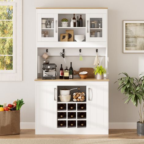 Comanlai - Buffet Vaisselier de Cuisine 175 cm - Meuble Haut avec Portes en Verre Range-Bouteilles et Crochets (1/5)
