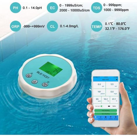 6-in-1 Bluetooth-Poolmonitor, digitales Temperatur- und Chlormessgerät, intelligenter Poolwasserqualitätstester, Poolthermometer, Temperatur-, pH-, CL-, EC-, TDS- und ORP-Messung für Schwimmbäder und (1/5)