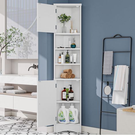 Meuble de salle de bain d’angle MDF blanc 37x24,5x170 cm avec 2 portes, 3 niches et étagères réglables (1/5)