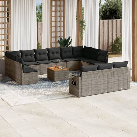 Salon de jardin modulable 14 pcs en résine tressée et bois d'acacia avec coussins gris - PANGIVO (1/5)