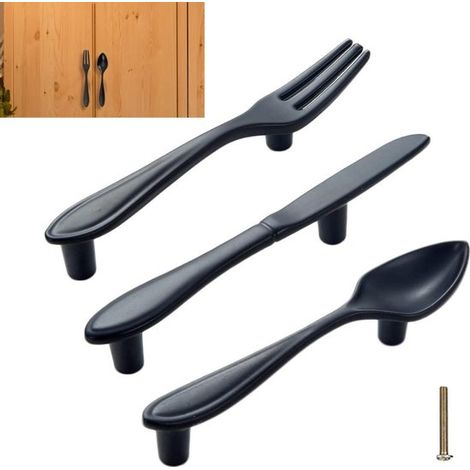 Ensemble de 3 poignées de meuble, forme cuillère, fourchette et couteau, poignée de porte de cuisine, poignée de porte de balcon, 7,6 cm (3 pouces), avec vis de 22 mm (noir) (1/3)