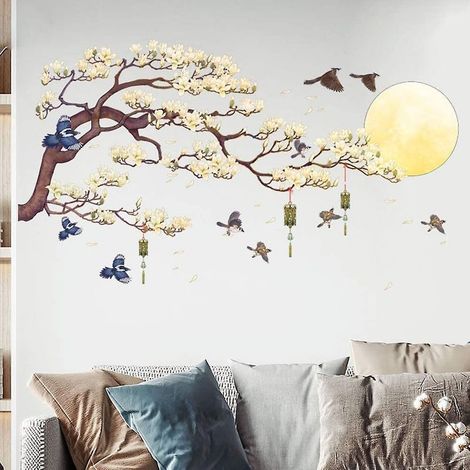 Stickers muraux coucher de soleil arbre magnolia peints à la main maison salon étude chambre stickers muraux-Ensoleillé (1/5)