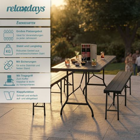 Relaxdays Bierzeltgarnitur klappbar, 3-tlg. Bierbank Set mit großem Tisch, Garten, Festzeltgarnitur, Holzoptik, schwarz