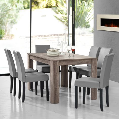 Set Pranzo con Tavolo 140x90 cm e 6 Sedie in Similpelle - Effetto Rovere Antico / Grigio chiaro [en.casa] (1/5)