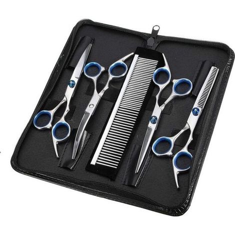 5 in 1 Scheren Set Hundeschere Hundepflegeschere Tierhaartrimmer Edelstahl Silber und Blau Katzen und Hundepflege Set für Gesicht, Körper und Ohr (1/5)