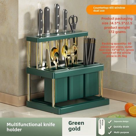 Soporte tubular multifuncional para cuchillos y palillos, estante de almacenamiento para cuchillos y tenedores (verde y dorado) (1/5)
