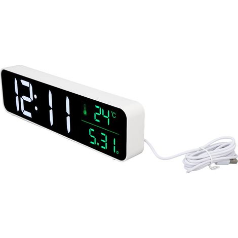 Réveil musical LED avec luminosité réglable sur 5 niveaux, grand écran 12/24 h, affichage température et date, horloge numérique secteur, blanc (1/5)