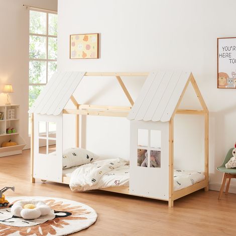 Cama para niños Tostedt en forma de casita 90x200 cm - Efecto Madera/Blanco [en.casa]