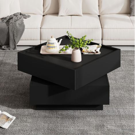 Table basse rotative 360° avec 2 tiroirs, rangement, 60 x 60 x 38 cm, noire OKMYHOME (1/5)