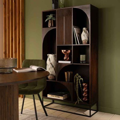 Etagère design 1 porte 7 niches 90x33x168 cm en manguier brun (1/3)