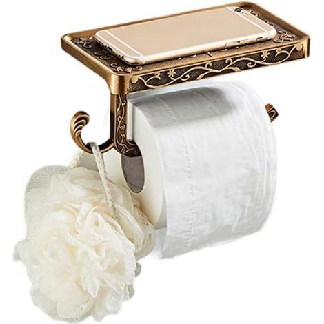 Porte-serviettes en papier vintage avec étagère pour téléphone portable pour salle de bain, support mural en aluminium antirouille (laiton) (1/5)
