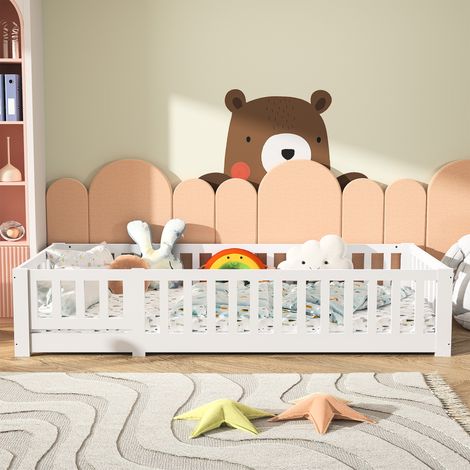 Lit Enfant 90x200 cm, avec Barrières de Sécurité, Cadre à Lattes et Design Anti-Chute, en Bois de Pin Massif (1/5)
