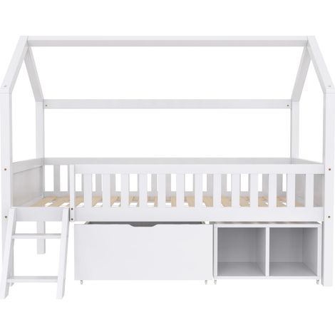 Letto casetta per bambini 90x200 cm bianco con cassetti, ripiani, scala e barriera di sicurezza (1/5)