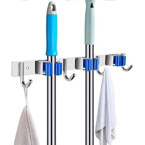 Porte-outils. Support mural pour balais et serpillères avec crochets, en acier inoxydable, auto-adhésif, 3 supports et 4 (1/5)