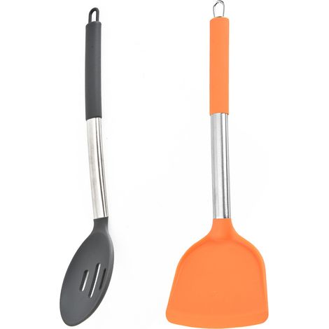 Ustensiles De Cuisine En Silicone - Outils Résistants À La Chaleur Avec Manche En Acier Inoxydable - Pour Poêles Antiadhésives Et Casseroles - Lot De 2 (1/5)