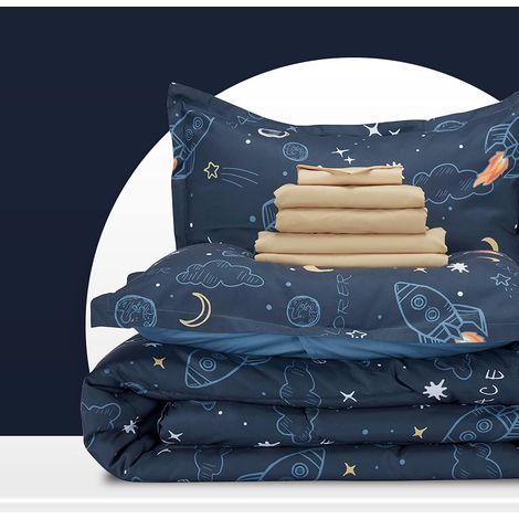 Parure de lit 5 pièces Mignonne et Douce pour Enfants avec Couette, Drap, taie d'oreiller et taies d'oreiller (fusée Spatiale) (1/5)
