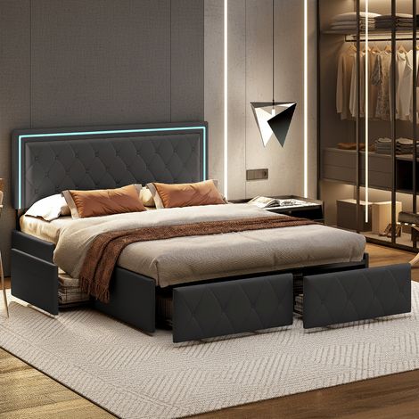 Lit double 140x200 avec rangement, tête de lit capitonné, LED intégrée, 4 tiroirs coulissants, structure en métal avec lattes, pour adultes, adolescents, PU, gris (1/5)