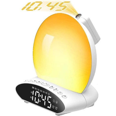 Réveil lumineux effet lever de soleil pour gros dormeurs, appareil à sons d'aide au sommeil 7 couleurs pour enfants et adultes, double alarme, fonction snooze, radio FM, veilleuse, pour lit (1/5)
