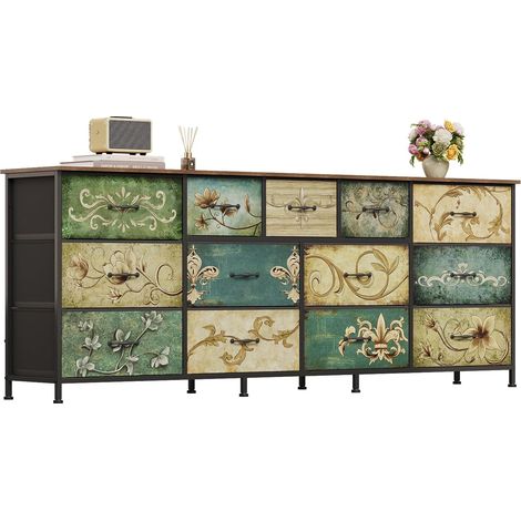 Commode à 9 tiroirs extra large en tissu avec motif floral rétro - Commode longue avec dessus en bois et cadre en métal (13 tiroirs) (1/5)