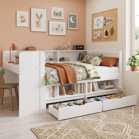 Lit Fonctionnel avec Bureau, 120 x 200 cm, avec Bureau Intégré, avec Rangements, avec LED, en Bois, Blanc (1/5)