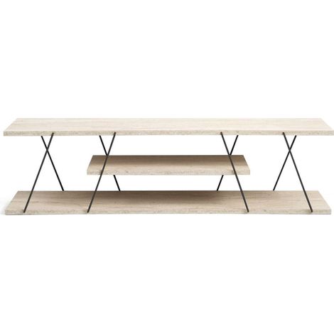 Meuble TV effet travertin – Bois panneaux de particules – Cadre métal – Longueur 120 cm x Largeur 30 cm x Hauteur 33 cm – Toilinux (1/5)