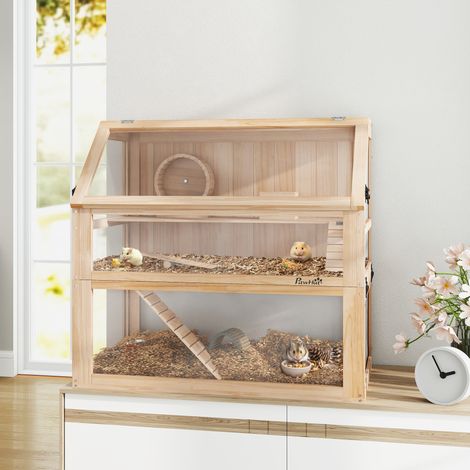 Dreistöckiger Hamster-/Nagerkäfig mit herausnehmbarer, 31 cm tiefer Bodenwanne und Schaukelhaus, 80 x 50 x 76 cm, Naturholz-Finish (1/5)