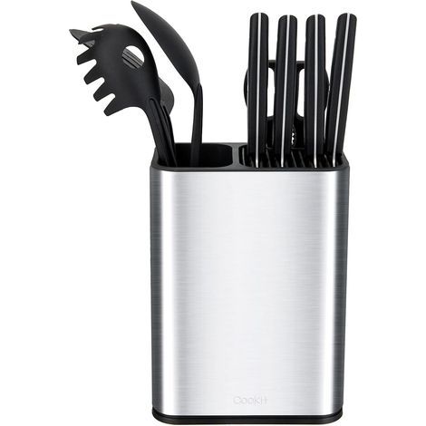 Bloque universal vacío para cuchillos, de acero inoxidable con soporte para utensilios, con capacidad para 12 cuchillos de ocho pulgadas, color plata. (1/5)