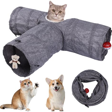 Tunnel pour chat pliable à 3 voies, tunnel pour chat, livré avec un hochet, convient aux chiots, lapins, utilisation en intérieur et extérieur (120 cm) (1/5)