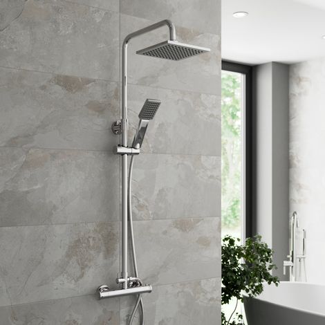 Thermostatic Mixer Shower Set Square Chrome Twin Head Exposed (1/5)