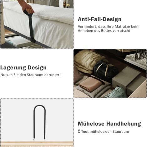 Lit 180x200 avec rangement, sommier mural beige, LED et 2 lampes de lecture, 2 tables de chevet intégrées, port charge USB-C, tissu lin, sommier inclus, sans matelas (1/5)