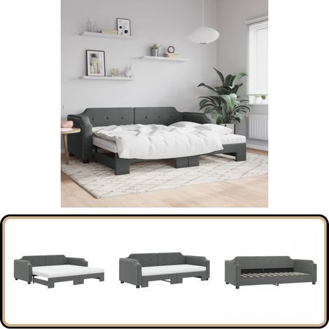 Lit de jour avec gigogne et matelas gris foncé 80x200 cm tissu - Canapé Lit - Lit Gigogne - Lit Convertible - Meuble Multifonction - Literie