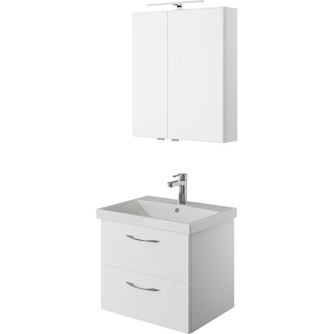 Badezimmer Einzelwaschplatz Set in weiß Glanz mit Keramik Waschbecken und Aufsatzleuchte VILLATORO-66, B/H/T ca. 60/200/45 cm (1/5)