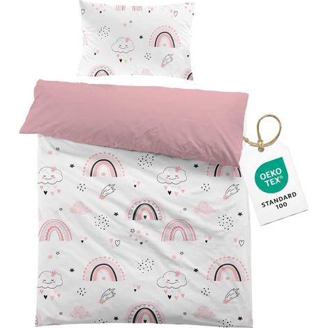 Rose Arc-en-Ciel Parure De Lit Enfant - Housse De Couette 120x150 cm + Taie d'oreiller 40x60 cm - pour bébé, Fille - Parure De Lit avec Arc-en-Ciel/Nuages/étoiles/Lunes/Cœurs - 100% Microfibre (1/5)