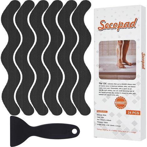 Autocollants antidérapants pour baignoire et douche, 24 pièces, noir, avec grattoir (1/5)