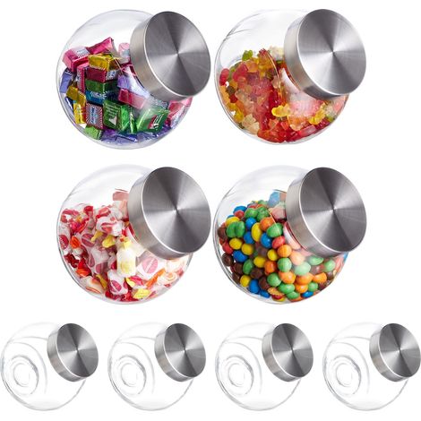 Relaxdays Storage Glass Jars Set of 8, 1.5 L, Candy, Flour, Sugar, Pasta, Cereal, Stainless Steel Lid, Transparent