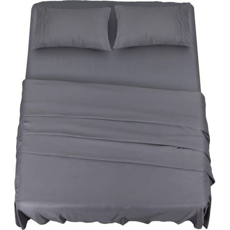 Polyester Microfibre Ensemble de Draps (4 pièces, Gris) - 1 Drap Housse 150x200cm, 1 Drap Plat 228x259cm et 2 Taies d'oreiller 50x75cm (1/5)