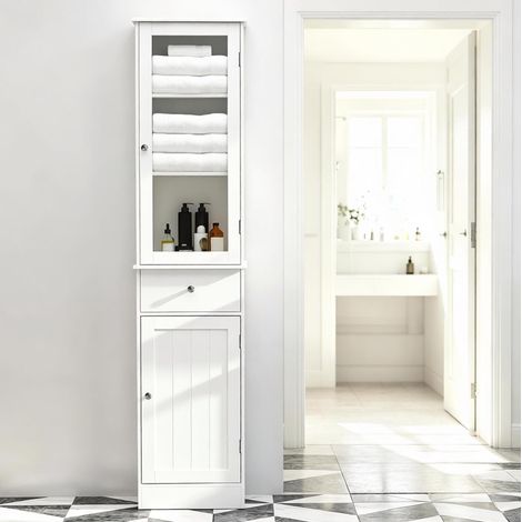 Armoire haute de salle de bain blanche en MDF et acrylique avec tiroir et étagères, OKWISH (1/5)