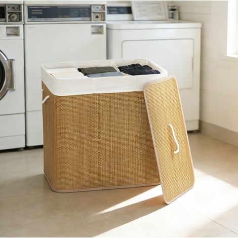 Cesto portabiancheria 3 scomparti in bambù 144L OKMYHOME (1/2)