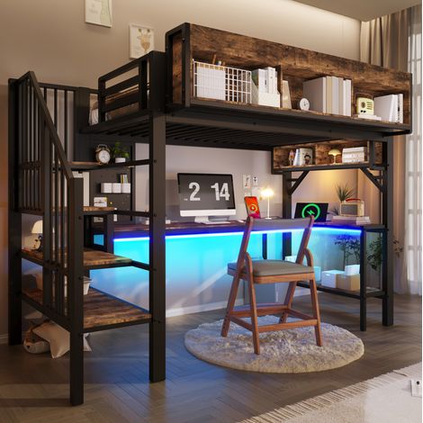 Cama alta 90x200 cm marrón vintage y negro en MDF y metal con escritorio, almacenaje y LED (1/5)