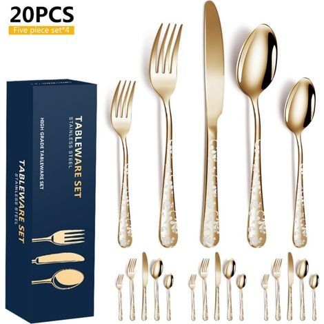 Lot de 20 couverts en acier inoxydable poli avec miroir de fleurs comprenant couteau, fourchette, cuillères à café pour cuisine, restaurant, fête (doré)