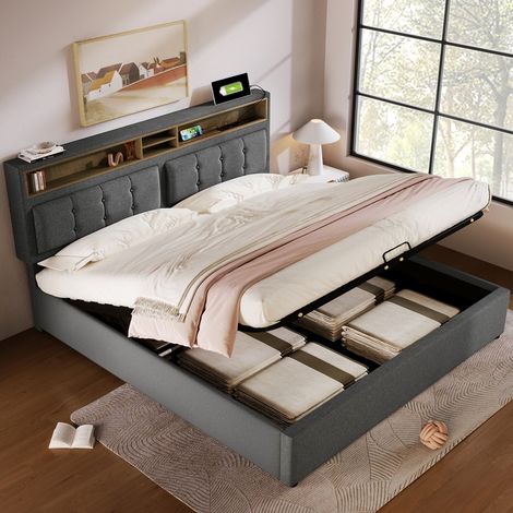 Polsterbett 160x200 mit Stauraum und Ladefunktion, Doppelbett mit verstellbarem Kopfteil, USB/Typ-C Steckdose, Leinenoptik Hellbeige/Grau (1/5)