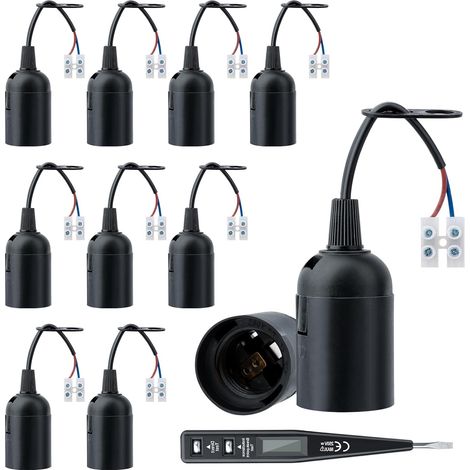 10 PCS E27 Support d'ampoule, Douille de rénovation rénovation avec Tension VDE/Testeur de Phase, Douille de chantier, Lampe E27 avec câble (Noir) (1/5)